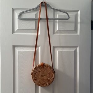 Round Woven Tan Crossbody Bag